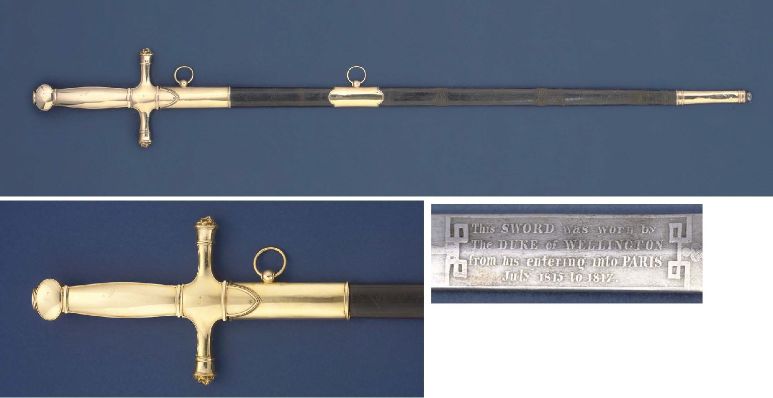THE WELLINGTON-HARDINGE SWORD

AN IMPORTANT FRENCH GOLD-HILTED SWORD (GLAIVE) CARRIED BY FIELD-MARSHAL THE DUKE OF WELLINGTON, PRESENTED BY HIM TO LT. COL. SIR HENRY HARDINGE AS A SWORD OF HONOUR AND SAID TO HAVE BEEN MADE FOR THE EMPEROR NAPOLEON I, BY BIENNAIS ORFIRE RUE ST. HONORÉ NO. 283 À PARIS, MAKER'S MARK OF MARTIN-GUILLAUME BIENNAIS, PARIS TITRE MARK OF 1809.