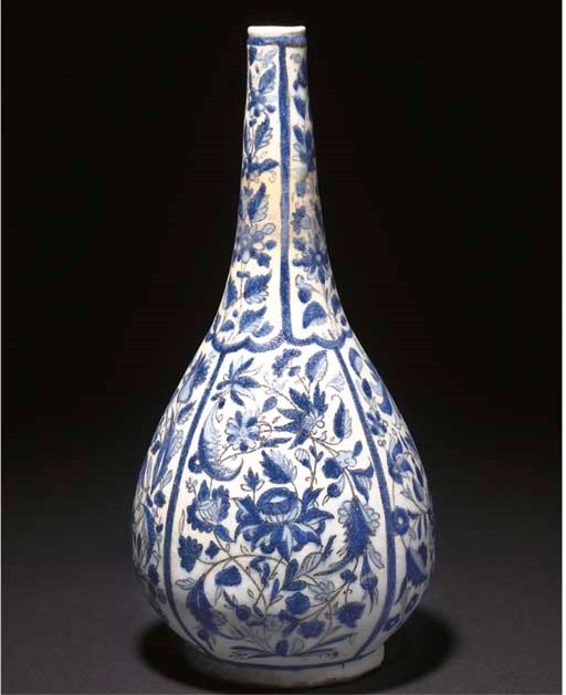 A QAJAR BLUE AND WHITE BOTTLE VASE, IRAN, PROBABLY 17TH CENTURY
