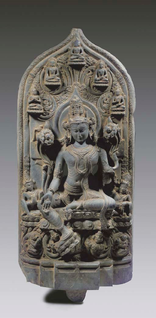 A fine Northeast Indian, Pala style, phyllite stone stele with Avalokiteshvara-Lokanatha