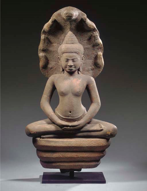 A Khmer, Bayon style, sandstone figure of Buddhamuchalinda