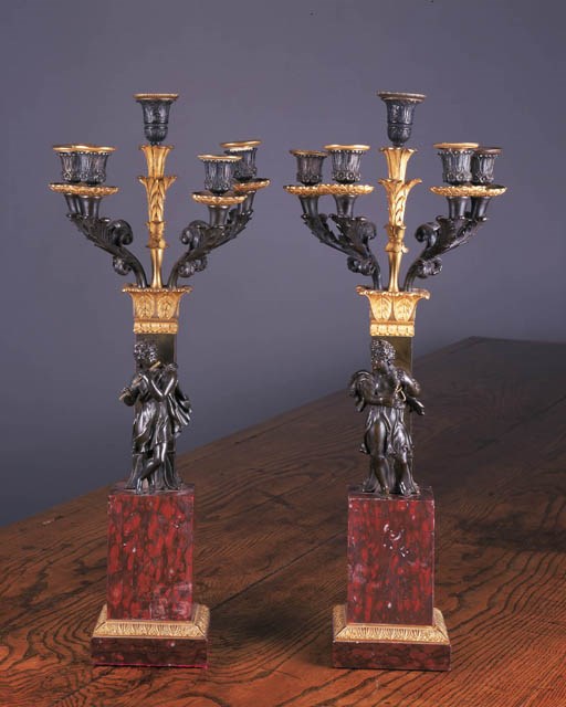 A PAIR OF FRENCH BRONZE, GILT BRONZE AND MARBLE FIVE-LIGHT CANDELABRA