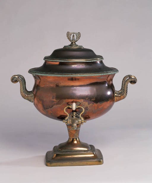 A GEORGE IV BRASS AND COPPER HOT WATER URN