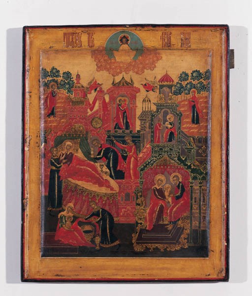 A RUSSIAN ICON WITH SCENES FROM THE LIFE OF THE MOTHER OF GOD