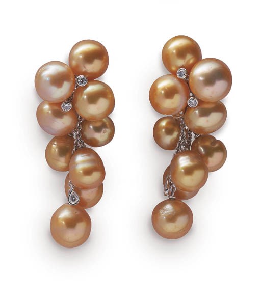 A PAIR OF SOUTH SEA PEARL AND DIAMOND CLUSTER PENDANT EARRINGS