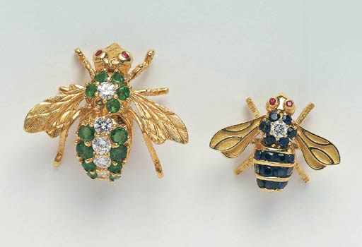 TWO GEMSTONE AND DIAMOND BEE BROOCHES
