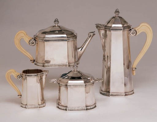 **A BELGIAN ART DECO SILVER FOUR PIECE TEA AND COFFEE SET