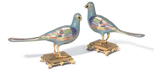 A PAIR OF CHINESE CLOISONNE ENAMEL MODELS OF BIRDS
