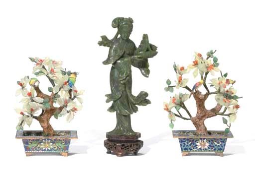 FOUR CHINESE LAPIS LAZULI CARVINGS; AND A PAIR OF HARDSTONE BONZAI TREES
