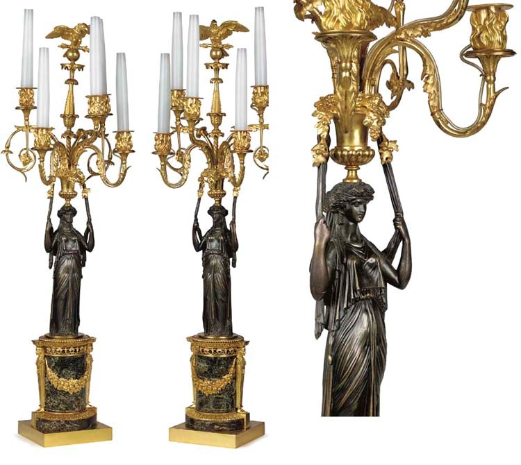 A PAIR OF FRENCH BRONZE AND ORMOLU FIVE-LIGHT CANDELABRA