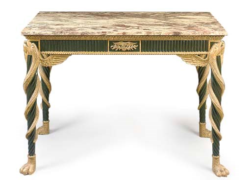 A NORTH EUROPEAN BRONZED AND PARCEL-GILT MAHOGANY SIDE TABLE