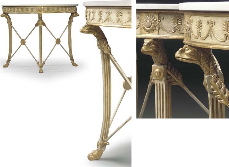 A PAIR OF GERMAN WHITE-PAINTED, GILT-GESSO AND PARCEL-GILT DEMI-LUNE PIER TABLES