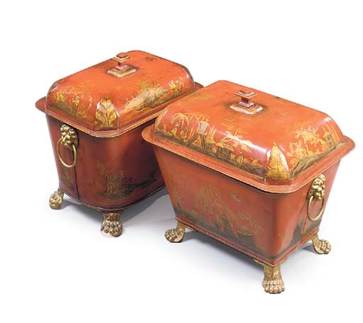 TWO RED AND GILT-JAPANNED TOLE COAL-BOXES