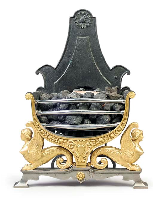 AN ORMOLU, POLISHED STEEL AND CAST-IRON BASKET GRATE