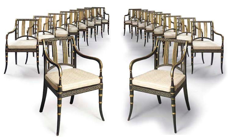 A SET OF EIGHTEEN BLACK AND GREY-PAINTED AND PARCEL-GILT ARMCHAIRS