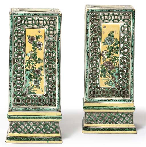 A PAIR OF CHINESE FAMILLE VERTE BISCUIT ENAMEL LANTERNS