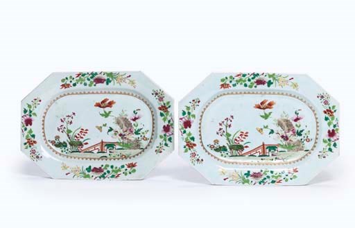 A PAIR OF CHINESE FAMILLE ROSE OCTAGONAL DISHES; A SET OF THREE CIRCULAR DISHES; AND ANOTHER