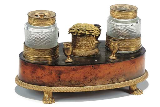 A FRENCH GILT-METAL MOUNTED AMBOYNA INK-STAND