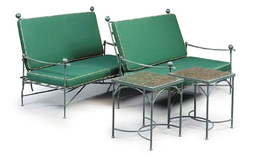 A PAIR OF EBONISED-STEEL GARDEN SOFAS