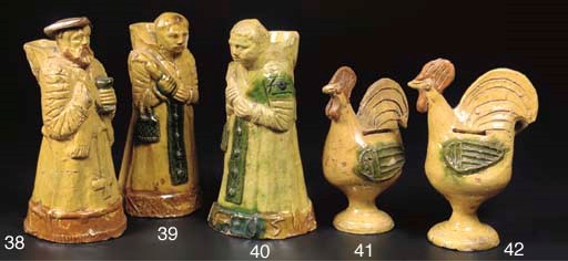 (1) A rare Dutch lead-glazed earthenware anticlerical monk's beaker
