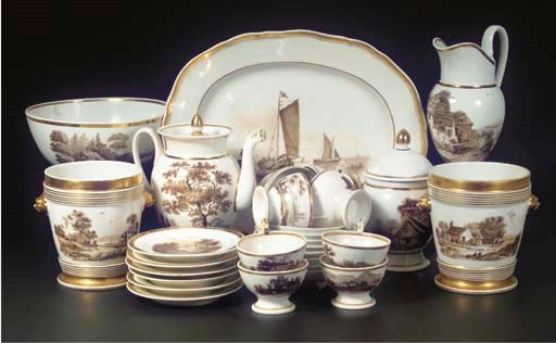 (27) A Paris or Brussels porcelain assembled gilt pastoral coffee service