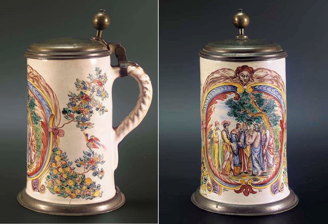 A rare Nürnberg fayence pewter-mounted polychrome biblical tankard
signed by Glüer