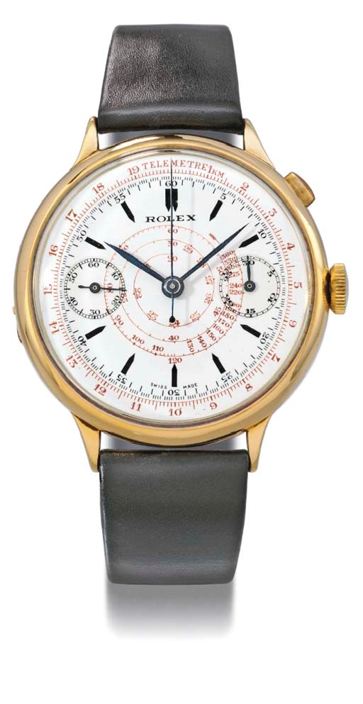 Rolex. A fine and early 18K gold hinged single button chronograph wristwatch with enamel dial