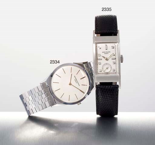 PATEK PHILIPPE. A FINE PLATINUM RECTANGULAR WRISTWATCH WITH DIAMOND-SET DIAL