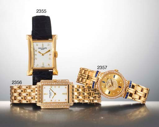 PATEK PHILIPPE. A LADY'S 18K GOLD AND DIAMOND-SET RECTANGULAR WRISTWATCH WITH BRACELET