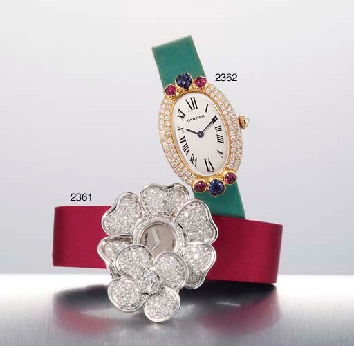 CARTIER. A LADY'S 18K GOLD AND GEM-SET OVAL WRISTWATCH