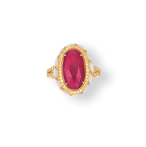 A RUBY, COLOURED DIAMOND AND MOTHER-OF-PEARL RING
