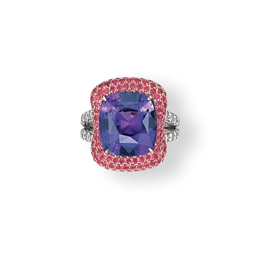 A COLOUR-CHANGE SAPPHIRE, RUBY AND DIAMOND RING
