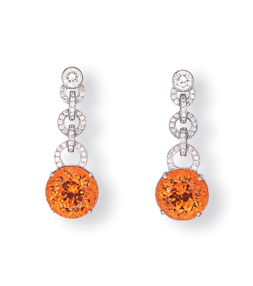 A PAIR OF SPESSARTINE GARNETS AND DIAMOND EAR PENDANTS