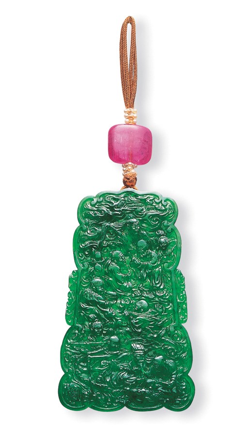 ** A SPECTACULAR JADEITE PLAQUE WITH AN IVORY STAND