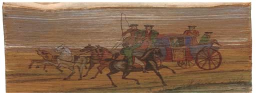 FORE-EDGE PAINTING -- The Holy Bible containing the Old and New Testaments (The Portable Commentary). London: Thomas Arnold, 1846. 8°. Contemporary straight-grained maroon morocco, single gilt fillet, central gilt panel with decoration at corners, spine gilt, gilt edges with FORE-EDGE PAINTING of Dick Turpin holding up a stage coach (rubbed at extremities).
