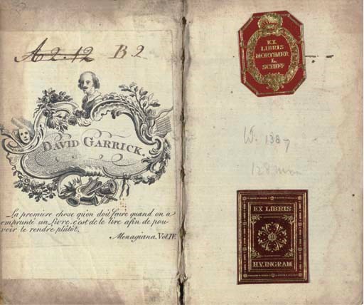 Recueil de quelques pieces nouvelles et galantes. 'Cologne: Pierre du Marteau' [Daniel Elzevir], 1667. 2 parts in one volume, 12° (128 x 74mm). Woodcut printer's device on titles (light waterstaining). 18th-century speckled calf, gilt spine, modern pull-off box by Wallis (repaired at foot of head and spine, corners worn). Provenance: DAVID GARRICK (1717-1779, his bookplate) -- Mortimer L. Schiff (bookplate; his sale, 7 July 1938, lot 1139). Willems 1387.