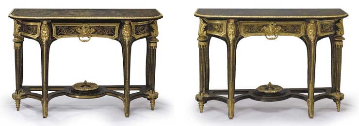 A MATCHED PAIR OF LOUIS XIV ORMOLU-MOUNTED AND BOULLE BRASS-INLAID BROWN TORTOISESHELL PIER TABLES