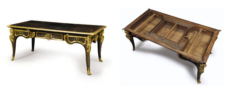 A LOUIS XIV ORMOLU-MOUNTED AND BOULLE BRASS-INLAID BROWN TORTOISESHELL BUREAU PLAT