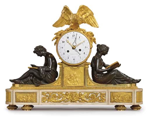 A LOUIS XVI ORMOLU, PATINATED-BRONZE AND WHITE MARBLE MANTEL CLOCK