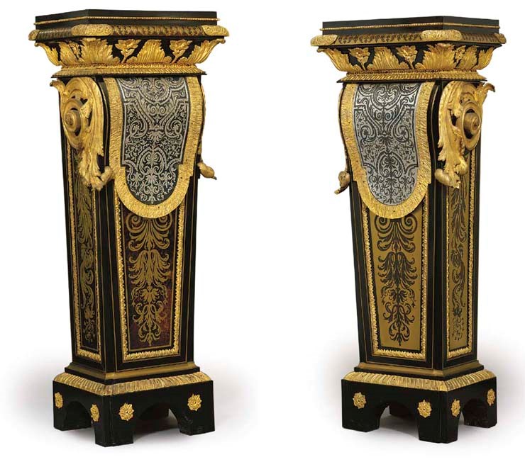 A PAIR OF LOUIS XV ORMOLU-MOUNTED BOULLE PEWTER AND BRASS-INLAID BLUE-STAINED HORN AND BROWN TORTOISESHELL MARQUETRY PEDESTALS