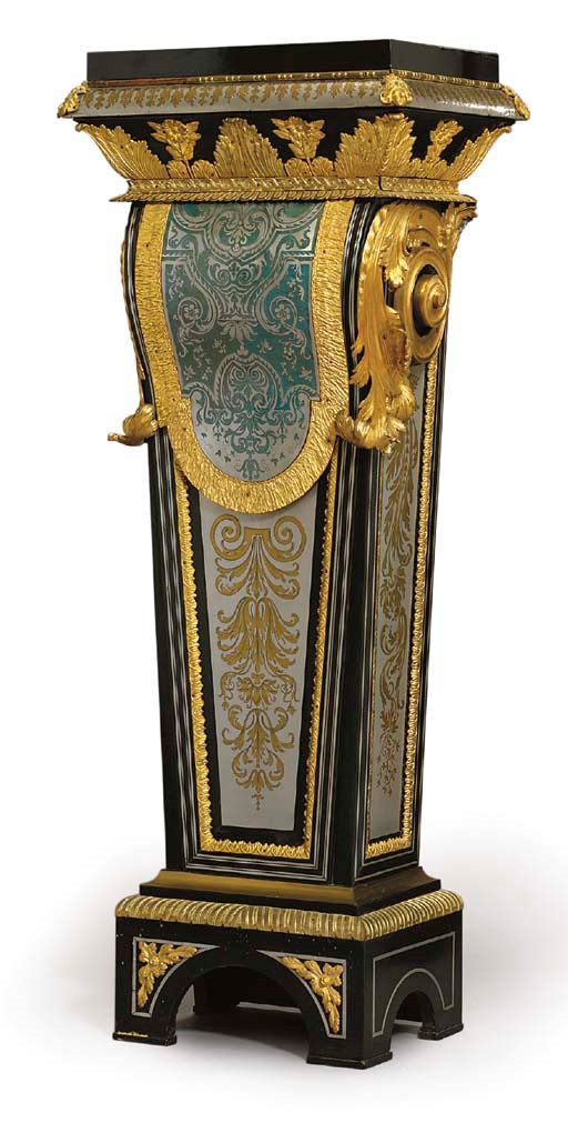 A PAIR OF LOUIS XVI ORMOLU-MOUNTED PEWTER AND BRASS-INLAID EBONY AND BLUE-STAINED HORN BOULLE MARQUETRY PEDESTALS