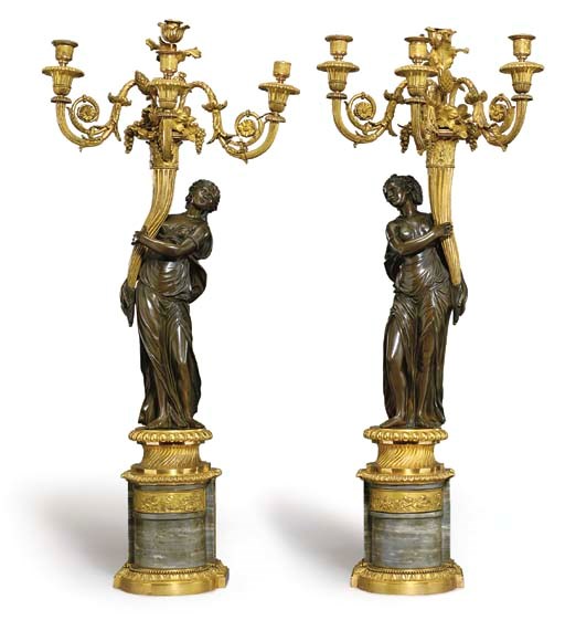 A PAIR OF LOUIS XVI ORMOLU AND PATINATED-BRONZE AND GREY BARDIGLIO MARBLE FOUR-LIGHT CANDELABRA