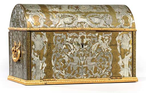 A GERMAN ENGRAVED BRASS AND PEWTER CASKET