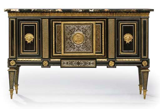 A LOUIS XVI ORMOLU-MOUNTED BRASS AND PEWTER-INLAID BROWN TORTOISESHELL AND BOULLE MARQUETRY MEUBLE D'APPUI