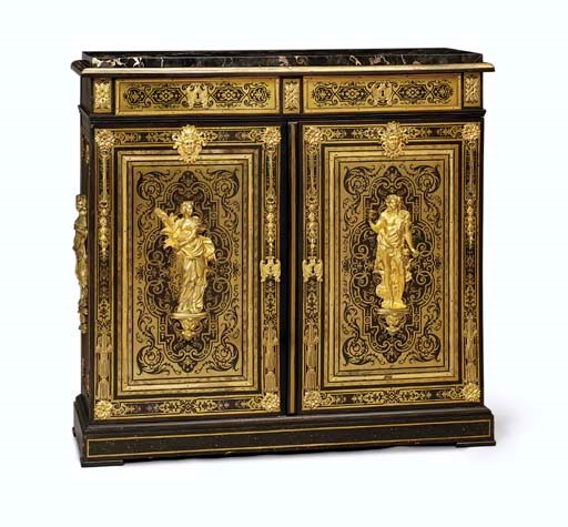 A LOUIS XIV ORMOLU-MOUNTED AND BRASS-INLAID EBONY AND BOULLE MARQUETRY MEUBLE D'APPUI