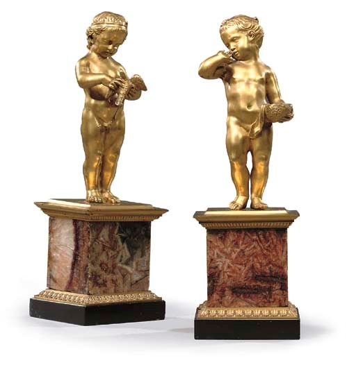 A PAIR OF GILT-BRONZE GROUPS OF LA FILLETTE AU NID VIDE AND GARCON A L'OISEAU
