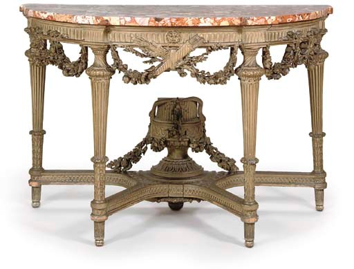A LOUIS XVI GREY-PAINTED DEMI-LUNE CONSOLE TABLE