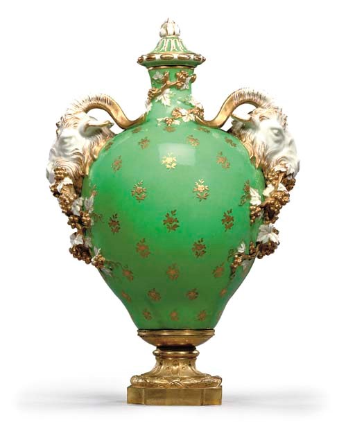 A LOUIS XVI ORMOLU-MOUNTED SEVRES APPLE-GREEN-GROUND 'VASE A TETES DE BOUC'