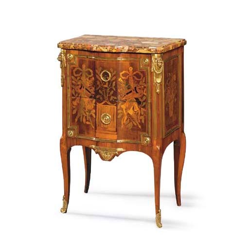 A LATE LOUIS XVI ORMOLU-MOUNTED SYCAMORE, TULIPWOOD AND MARQUETRY PETIT COMMODE