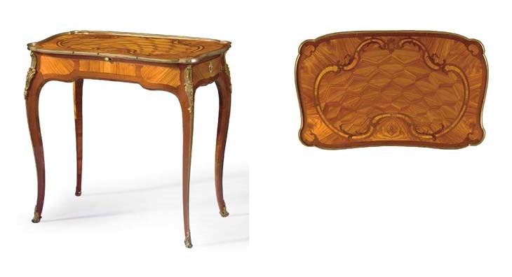 A LOUIS XV ORMOLU-MOUNTED TULIPWOOD, AMARANTH, KINGWOOD, BOIS DE BOUT MARQUETRY AND PARQUETRY TABLE A ECRIRE