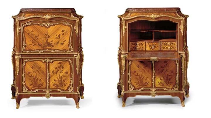 A LOUIS XV ORMOLU-MOUNTED TULIPWOOD, KINGWOOD, AMARANTH AND BOIS DE BOUT MARQUETRY SECRETAIRE A ABATTANT